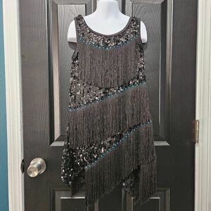 Weissman NWOT child medium semi custom black fring sequin dance costume jazz tap
